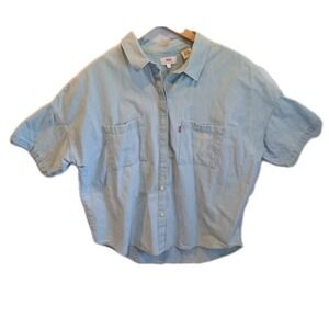 Levis Womens L Denim Shirt Button Up Blue Lightweight Chambray Pocket Western
